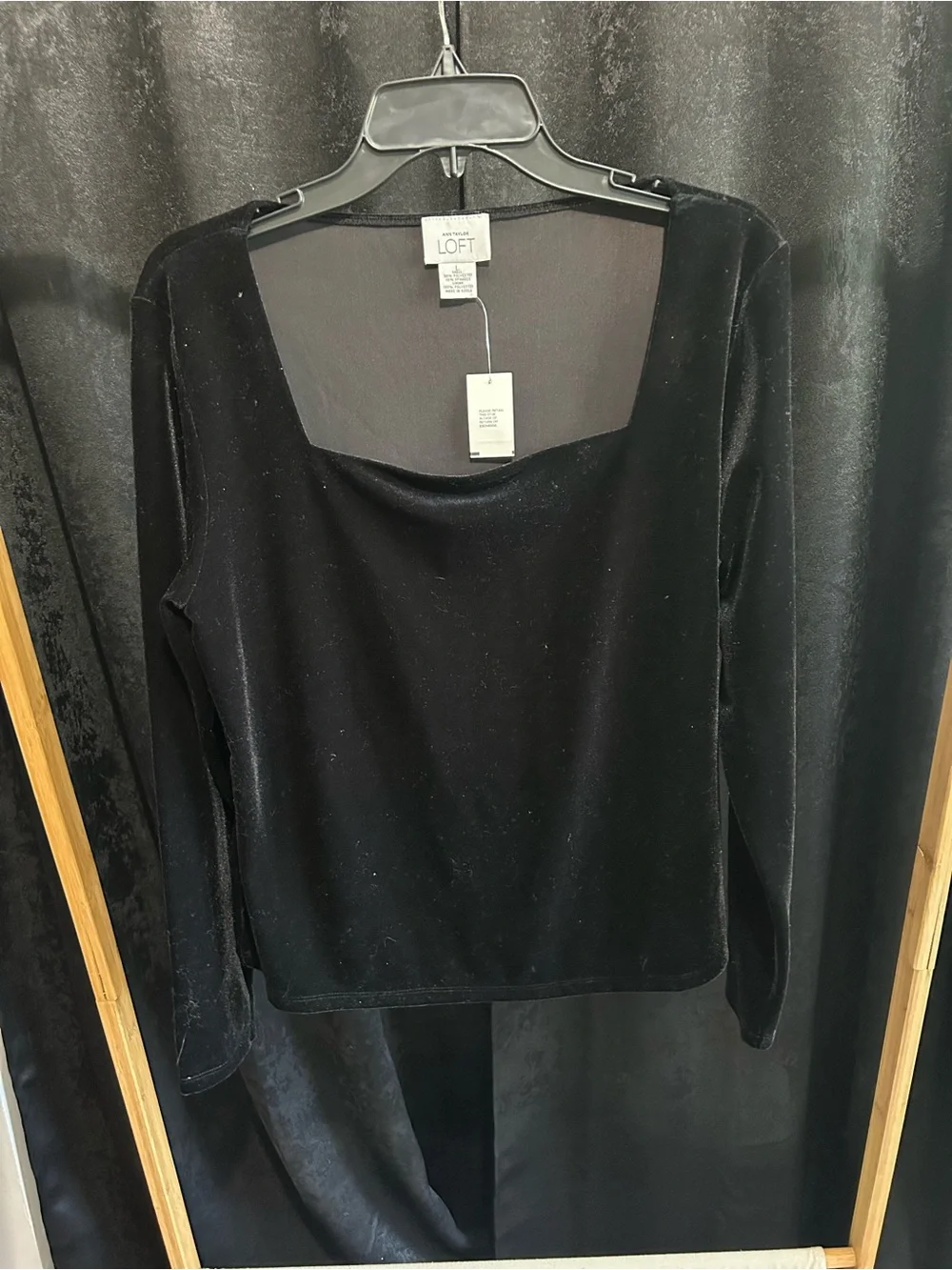 LOFT Black Velvet Long-Sleeve Square Neck Top